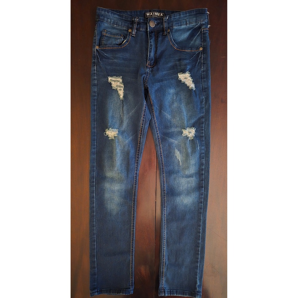 Waimea Denim Mens Distressed Slim Fit Jeans Dark Wash Ripped Blue 29x30